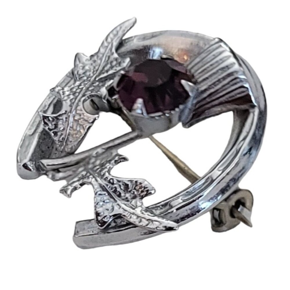 Mizpah Silver Tone Purple Rhinestone Scottish Thistle Horseshoe Leaf Pin, M737 - Picture 2 of 8